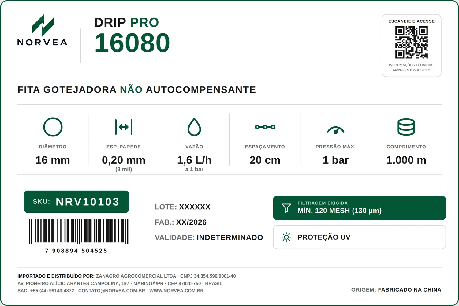 Etiqueta técnica da NORVEA DRIP PRO 16080, modelo NRV10103 (espaçamento de 20 cm), com especificações, SKU, código de barras e QR Code